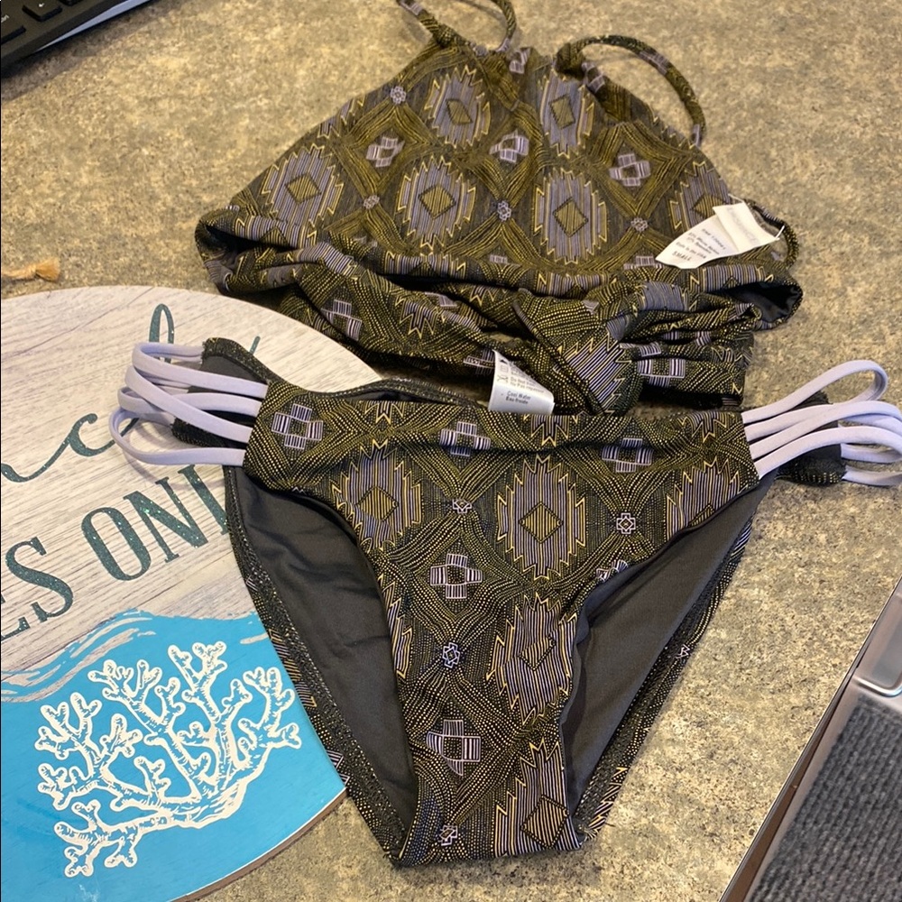 L*Space Army Green and Gold Geometric Patterned Bikini Set